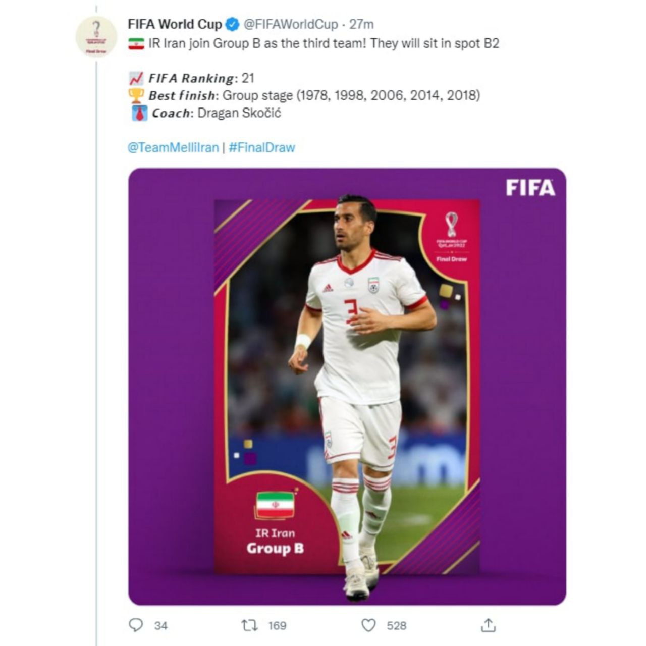 توییت صفحه رسمی جام جهانی پس از مشخص شدن قرعه ایران