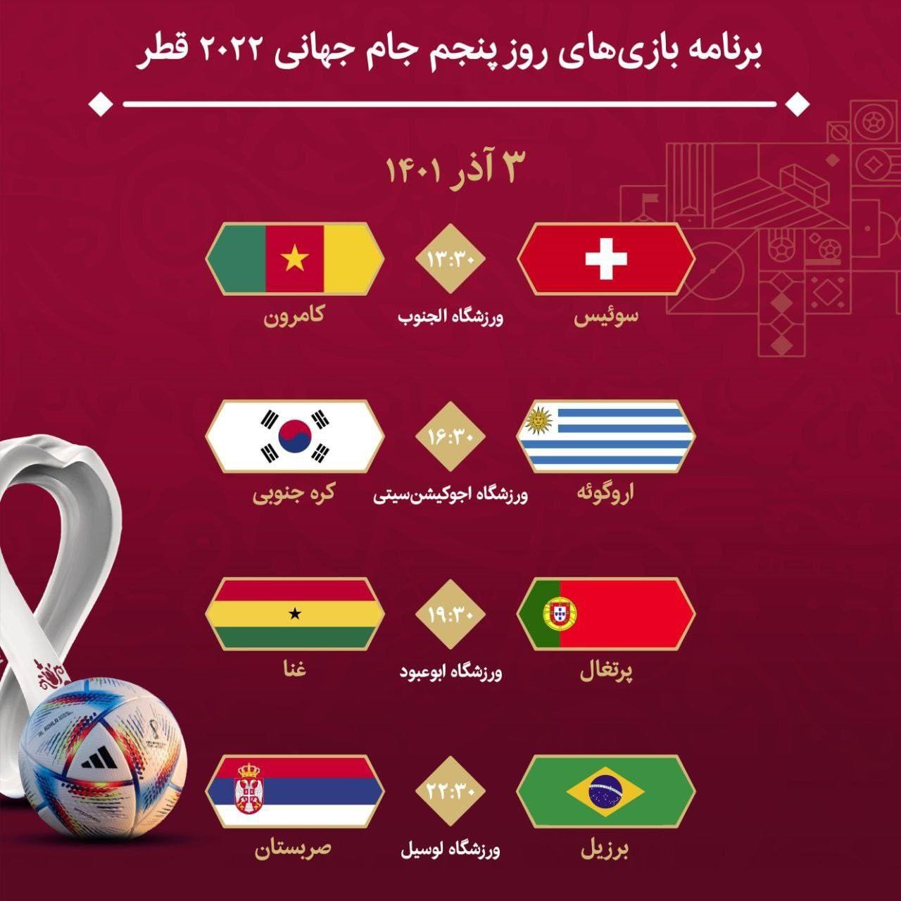 برنامه بازی های روز پنجم جام جهانی ۲۰۲۲
